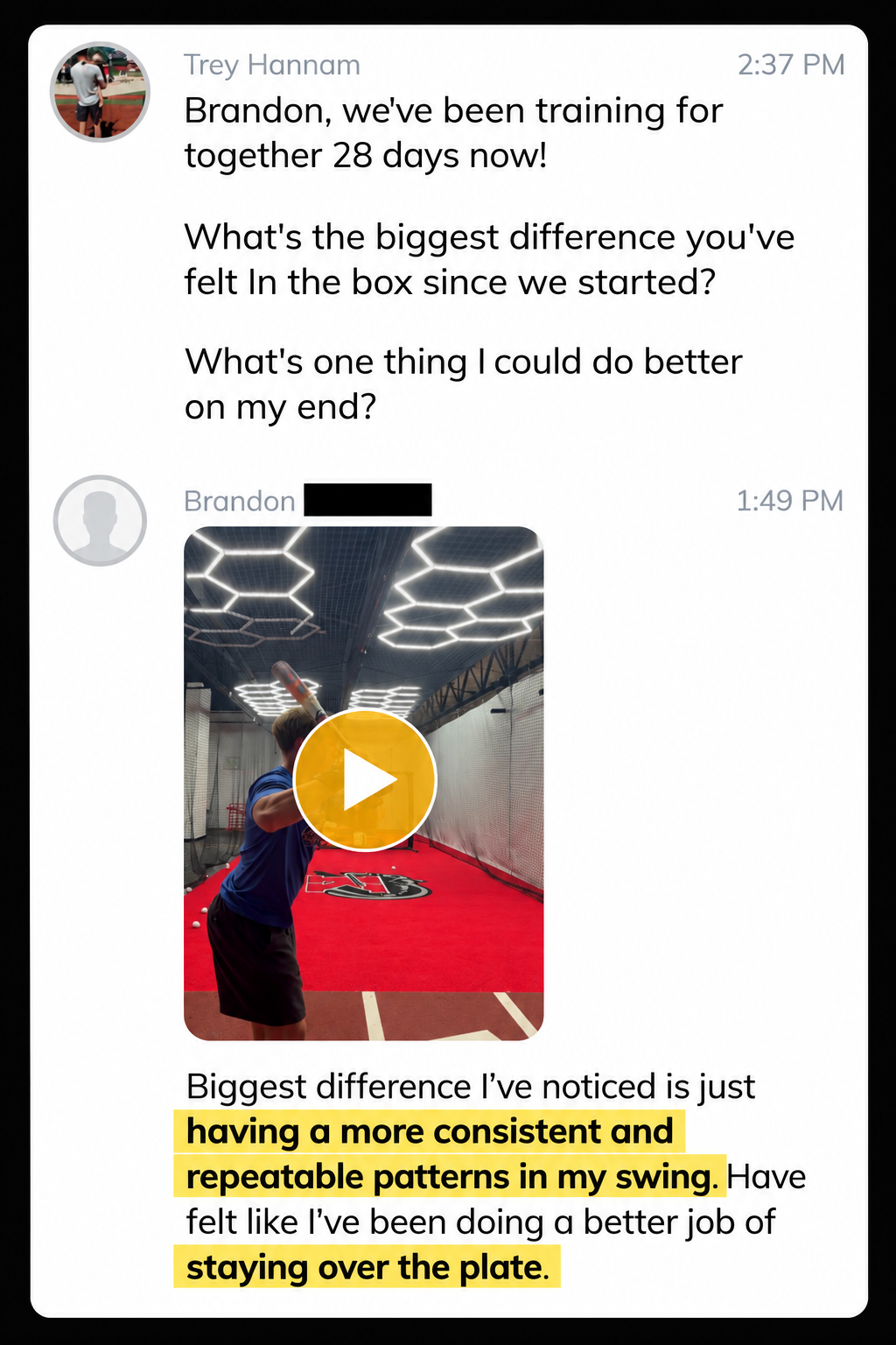 Remote Results hitter Brandon: more consistent, repeatable patterns in his swing and staying over the plate after 28 days